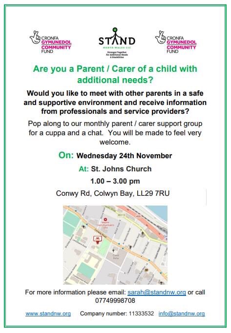 Our new parent support group for families with children and young people with additional needs in Colwyn Bay is starting on Wednesday the 24th of November. Come along for a cuppa, you will be made very welcome. <a href="/BaeColwynBay/">Bae Colwyn Bay</a> @StJosephsColBay