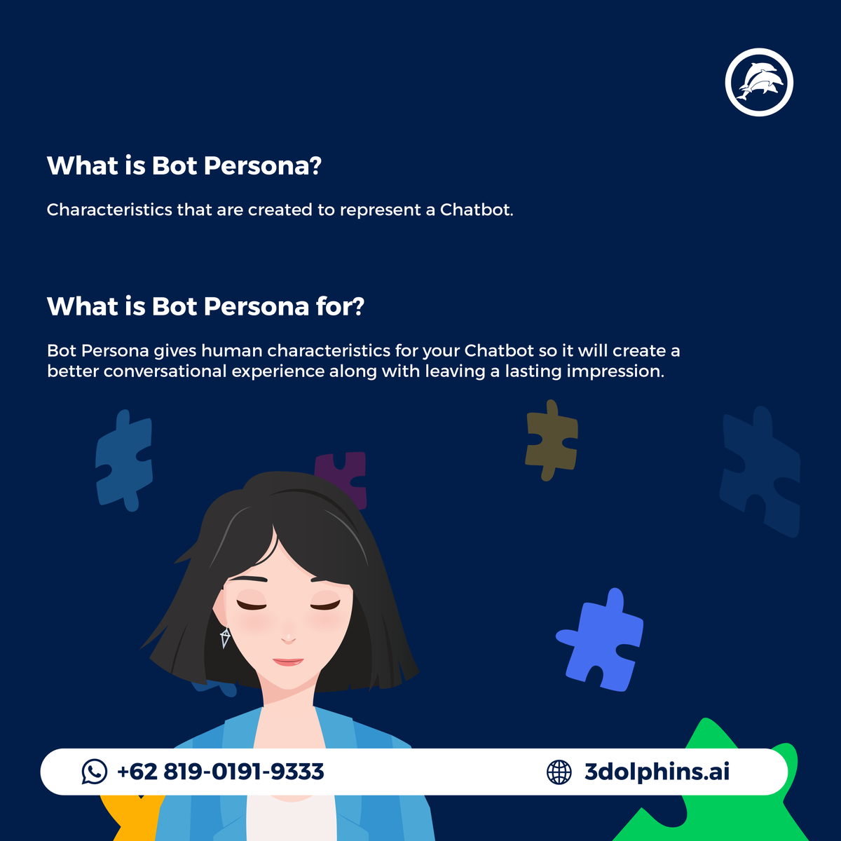 3dolphinsAI's tweet photo. A Bot Persona will change the conversational experience to be more lively along with leaving a lasting impression. So you customers will return to your Chatbot again and again and again.

Are you ready to build your own Chatbot?
Visit here: https://t.co/7nddGjY9JZ
 #Chatbot https://t.co/fxhadIMTHN