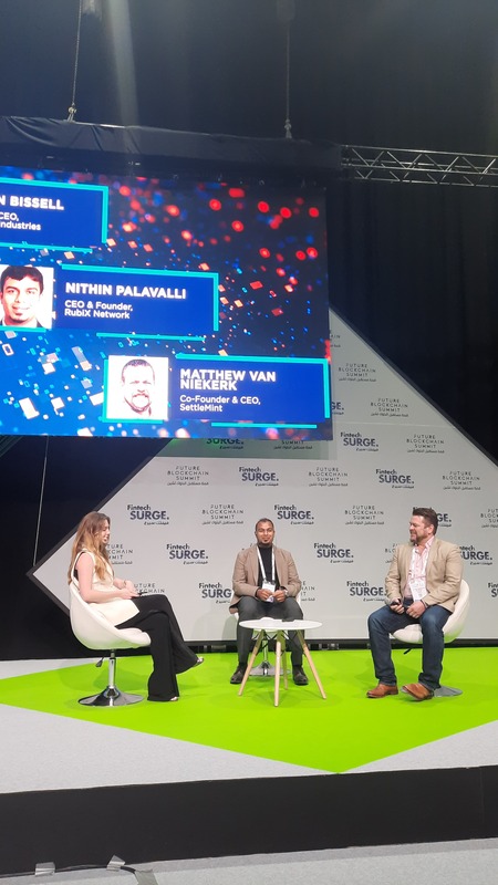 rubixnetworkinc's tweet photo. Our CEO Nithin Palavalli speaking at @dxbontheblock alongside #Blockchain experts Lauren Bissell CEO Immutable music and Matthew Van Niekerk CEO @SettleMintCom . Amazing presentation of our Green Initiative and Proof of Harvest protocol. https://t.co/as09YxXiE3