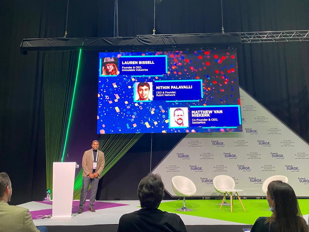 rubixnetworkinc's tweet photo. Our CEO Nithin Palavalli speaking at @dxbontheblock alongside #Blockchain experts Lauren Bissell CEO Immutable music and Matthew Van Niekerk CEO @SettleMintCom . Amazing presentation of our Green Initiative and Proof of Harvest protocol. https://t.co/as09YxXiE3