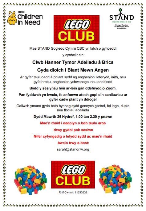 We still have a couple of FREE places left on our Lego club via zoom on Tuesday 26th October at 1.00 pm for families with children and young people with additional needs and disabilities. <a href="/PendrefYsgol/">ysgol pendref</a> <a href="/YsgolEmmanuel/">Ysgol Emmanuel</a> <a href="/TirMorfa/">Ysgol Tir Morfa</a> <a href="/rhosstreet/">Ysgol Stryd y Rhos / Rhos Street School</a>