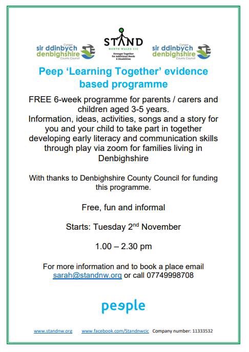 Free Peep Learning Together programme for families with children aged 3-5 years living in Denbighshire. Developing  early literacy and communication skills through play via zoom. 1.00 - 2.30pm via zoom. <a href="/DenbighshireFP/">Denbighshire Free Press</a> <a href="/DenbighshireCn/">Denbighshire Connect</a> <a href="/YsgolEmmanuel/">Ysgol Emmanuel</a> <a href="/PendrefYsgol/">ysgol pendref</a>