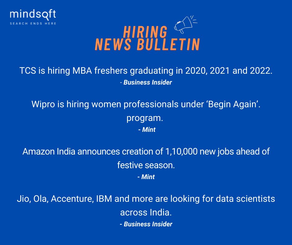 mindsoft_India's tweet photo. Here's your weekly #Hiring News Bulletin. Do check out the websites of #TCS, #Amazon, #Wipro, #Accenture, #IBM, #JIO, #Olacabs for more details.
Interview hacks: https://t.co/5mO6HqLTwB
#careerjobs #careers #newbeginning #talentacquisition #jobs #mindsoftindia #recruiting https://t.co/Kg3ZGu4JMF