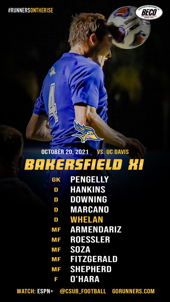 csub_msoccer's tweet photo. Here's the starting line-up for @csub_football in tonight's matchup w/ @ucdavismsoc, as built by @BerchtoldCo. Big one tonight at The Main Soccer Field #RunnersOnTheRise #GoBako https://t.co/8cBWksbAfb
