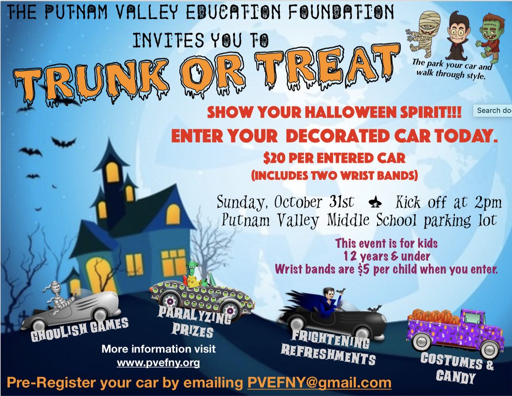 EducationPutnam's tweet photo. Join the Halloween festivities.  We would love to have the parking lot full of trunks.  Sign up with your friends or teams or clubs!   https://t.co/R5q5OLEfDZ https://t.co/CqW8YaVIbc