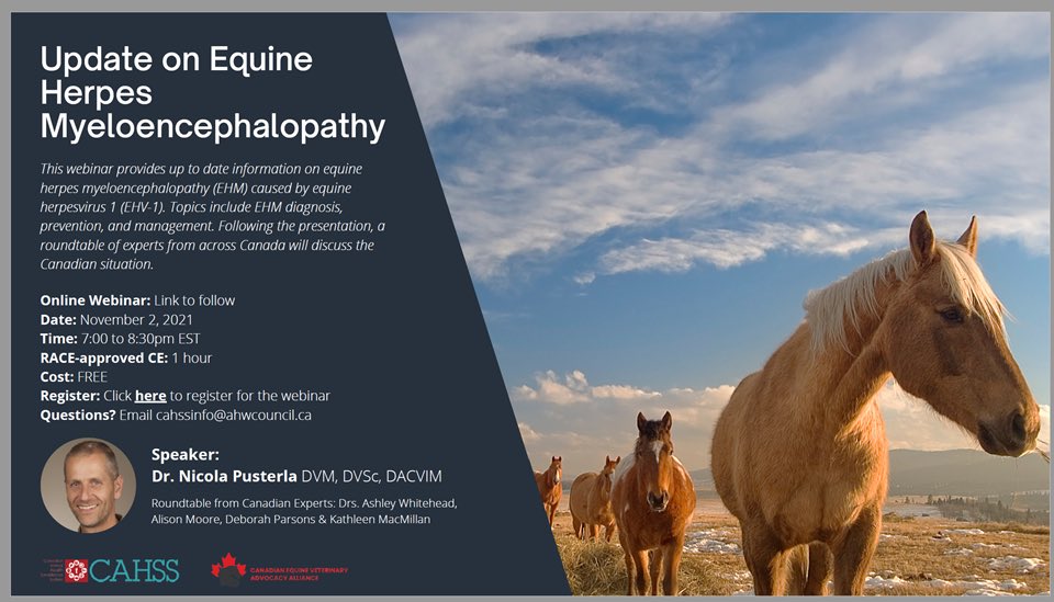 Update on Equine Herpes Myeloencephalopathy - Cross Canada Check-In. Veterinarians join Dr Pusterla discuss EHV along with a round table discussion of the EHV landscape in Canada this year. @ucalgaryvetmed <a href="/CahssCanada/">Canadian Animal Health Surveillance System 🇨🇦</a>