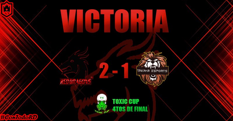 #CR | VICTORIA✨

Hoy logramos un buen resultado ante una gran rival🔥

✅ 2-1 (2-4/2-0/2-0)
🆚 <a href="/EsportsTakana/">Takana Esports</a> 
🏆 <a href="/ToxicCup3/">Toxic_Cup</a> 

Cap:

 👨‍💼 <a href="/MangutRd/">MANGUT</a> 

Jugadores:

👤 <a href="/Alealv217/">Ale Alvarenga</a> 
👤 <a href="/Destru_cr/">Destru Cr</a> 
👤 @mercader2716 
👤 <a href="/condoriano1998/">un manquito de por ahi</a> 
👤 @calcee11 

#ConTodoRD