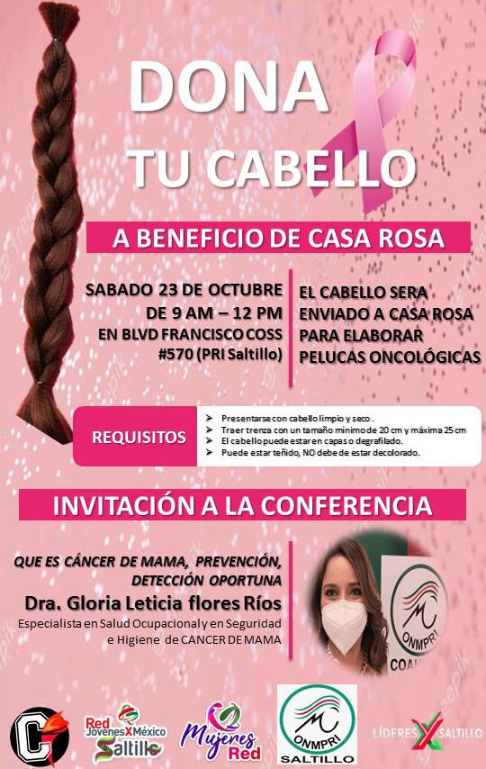 Te invitamos a Donar tu cabello, el cual será de gran ayuda en la elaboración de pelucas oncológicas, así mismo a unirte a la conferencia:

Que es cáncer de mama, prevención, detención oportuna

Impartida por la Dra. Gloria Flores. 

#OctubreRosa
#sientetecompleta
#CáncerDeMama