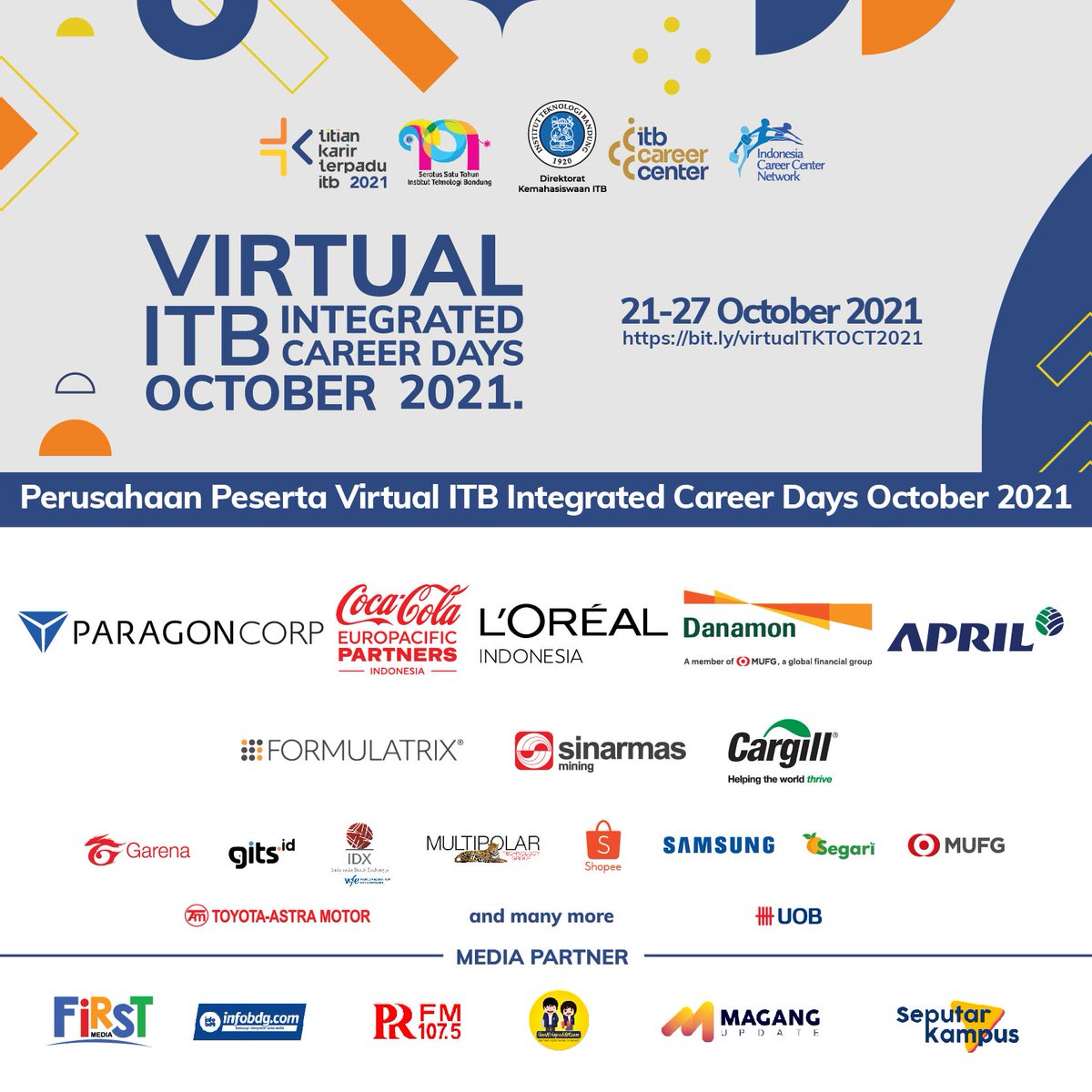 fttmitbofficial's tweet photo. ITB Career Center hadir kembali, dilakukan secara VIRTUAL!! Catat Tanggalnya 21 - 27 Oktober 2021!

Informasi lebih lanjut:
Website : https://t.co/vo1otdJcsx
Daftar webinar : https://t.co/bATuv5UKlD
@ITBCareerCenter https://t.co/QZUQIzisOF