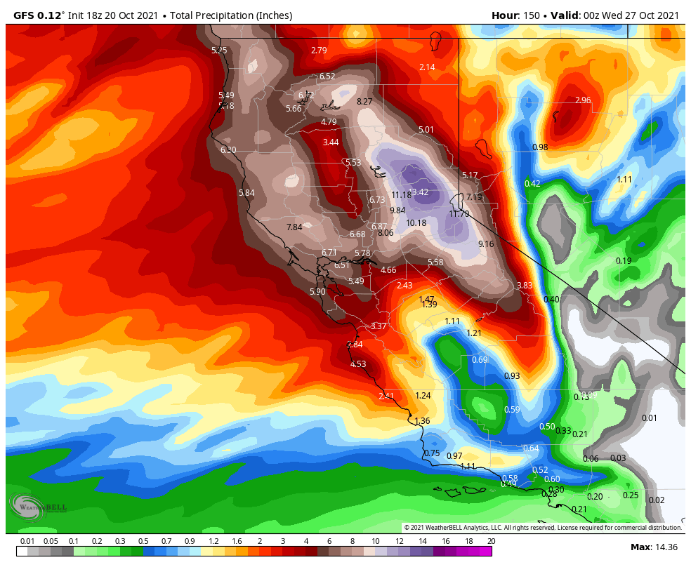 TahoeWeather's tweet photo. The GFS is losing its mind. Most models are half this amount of precip through Tuesday, but that is still 5-6+ inches along the crest. 1 of those inches coming Friday and 5+ Sun-Tue. Full Update in the morning... https://t.co/mHyBRrKn3l