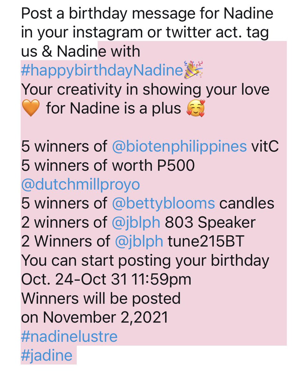 NadineLoyals's tweet photo. Hi everyone in celebration for @hello_nadine s birthday on October 31 2021 We will be having a celebration by giving away gifts to  Nadine’s supporters &amp; followers. The people who truly love Nadine . 
 #NadineLustre https://t.co/1C8p5OqRRj