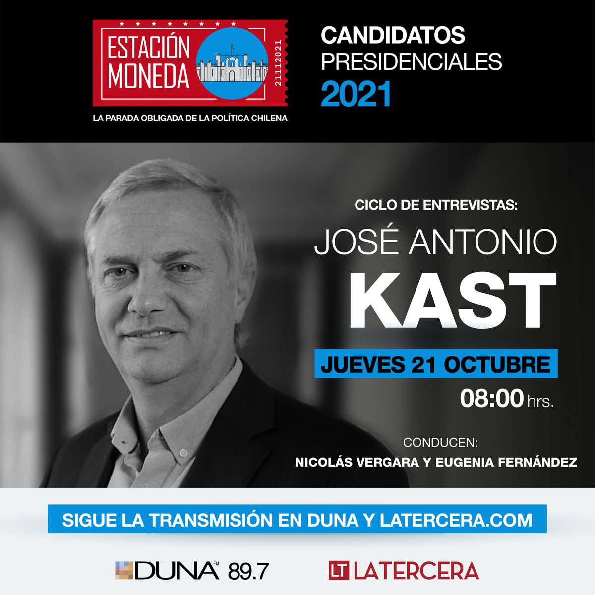 joseantoniokast's tweet photo. Mañana a las 8am estaremos en @RadioDuna y @latercera junto a Nicolas Vergara y @eugefdez en #EstacionMoneda https://t.co/Uc7MgO8RXh