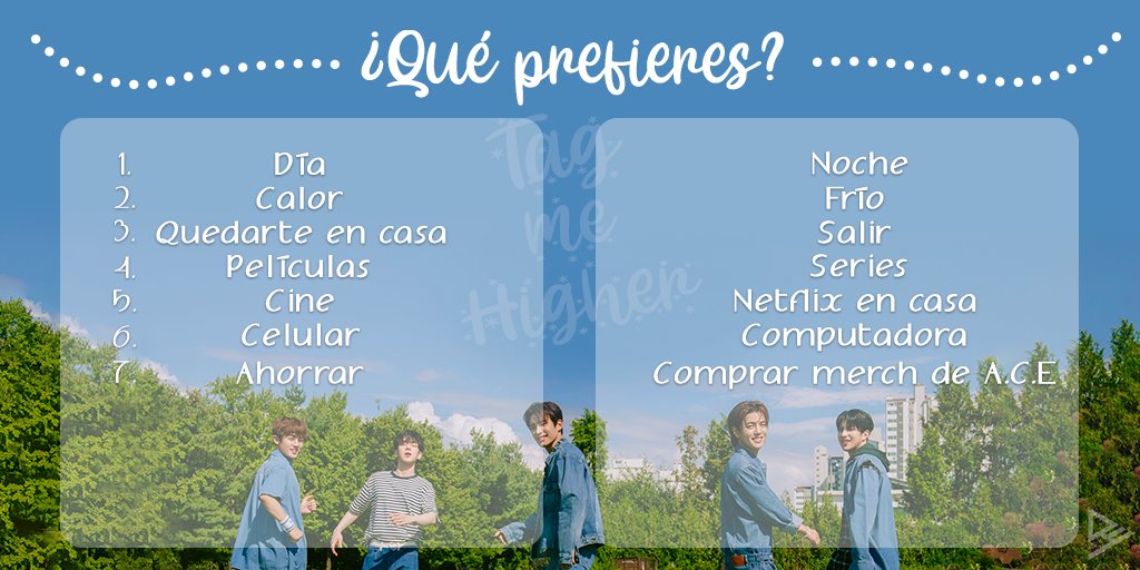 Tag_Me_Higher's tweet photo. Choice! Subamos las menciones de A.C.Eโค๏ธ
Responde en comentarios separados:
ยฟQuรฉ prefieres...? Las opciones estรกn en la imagen๐
Recuerda usar los #'s y el @ por favor
#ACE #์์ด์ค https://t.co/LIvQyGOeWH