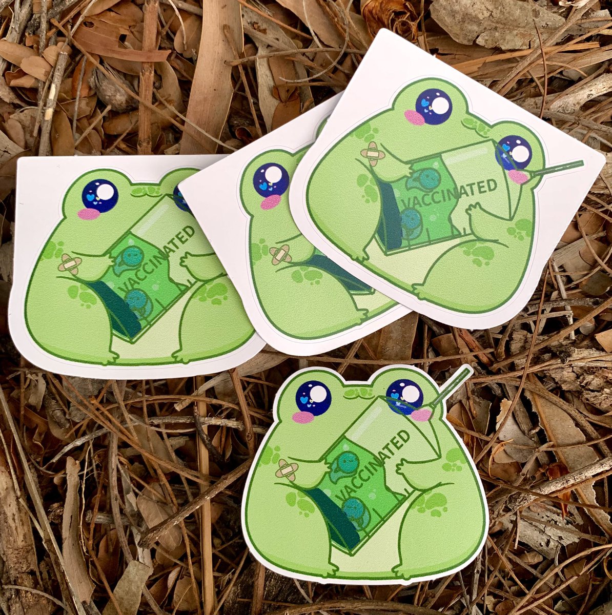 loaf_moon's tweet photo. First lot of stickers I am happy with ! #vaccination #vaccinated #frog #myart https://t.co/Nhv8xTsnEq