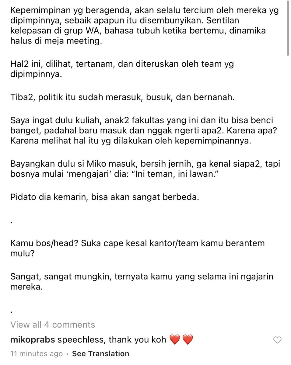 edwardsuhadi's tweet photo. “Kepemimpinan itu luruh, dari atas, kepada mereka yg dipimpinnya.”

Berbagi sedikit soal kepemimpinan dari pidato perpisahan Miko, anak Ceritera yg akan resign. https://t.co/p5S6KCEvLP