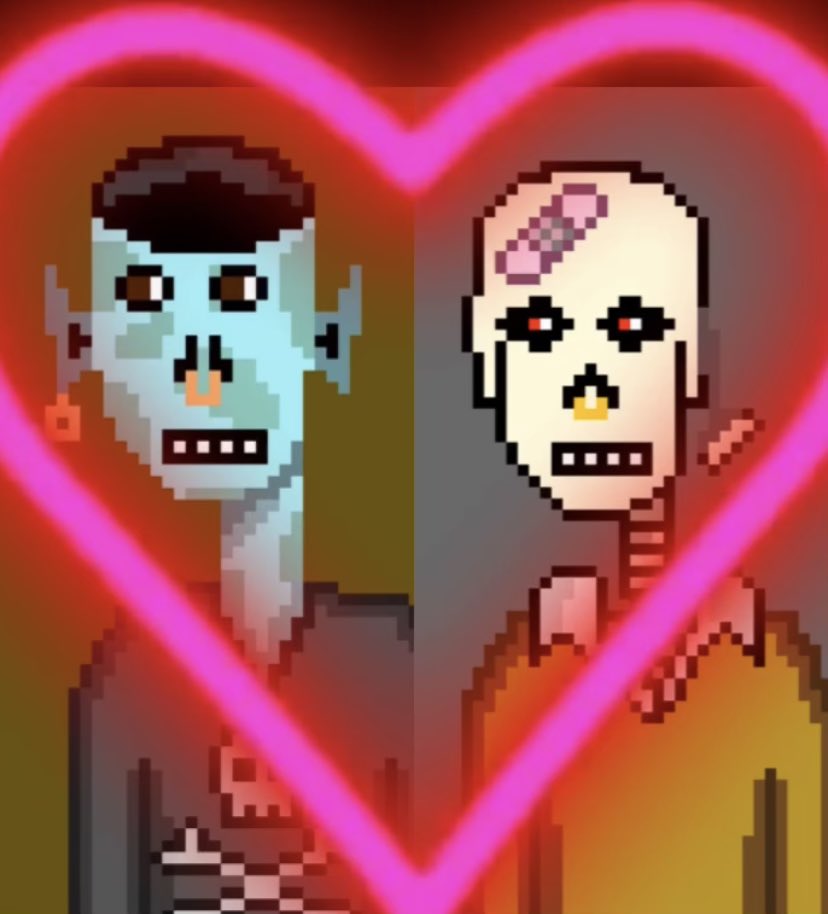 kaleseaa's tweet photo. My bestie made a picture to represent our horror punks being besties ๐ญ I love it ๐ @bagelmads #HorrorPunks #CNFT https://t.co/a9a3sbvS8r