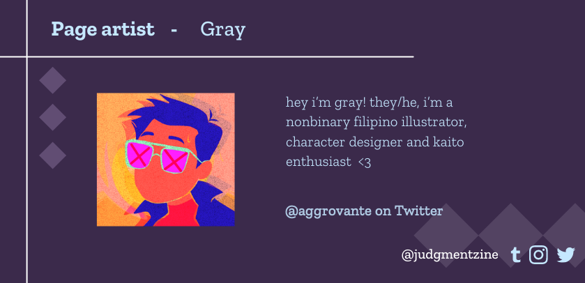 JudgmentZine's tweet photo. ✨CONTRIBUTOR SPOTLIGHT✨

Meet our next page and merch artist @aggrovante! https://t.co/Cgs3dR95AW