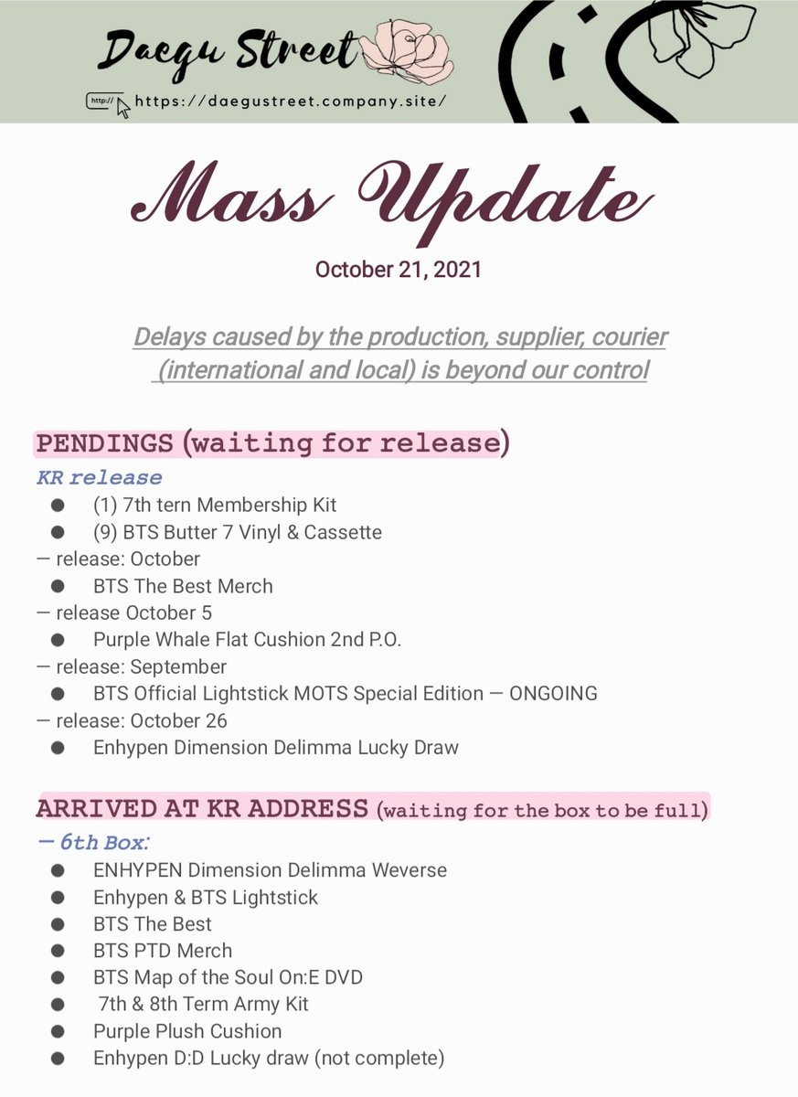 DAEGU_STREET's tweet photo. 📆 Status of all pending orders as of October 21, 2021

If we miss anything and if you have questions, please don't hesitate to message us. Thank you for your patience ~

 [ #DaeguStUpdate ] https://t.co/WDuGGiZahV