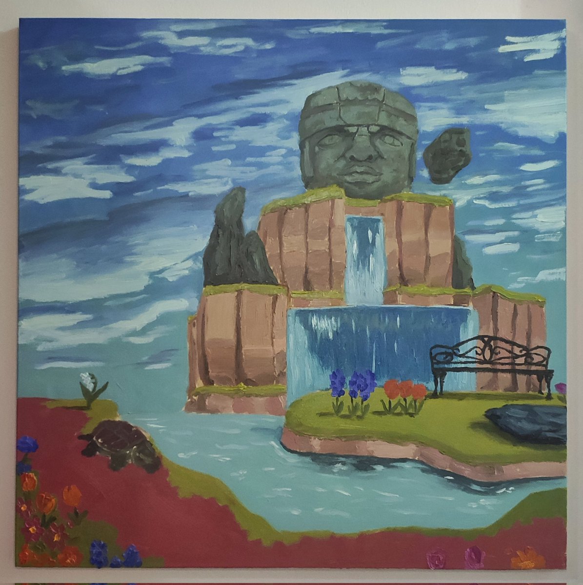 ArtPumaroo's tweet photo. Fiz uma pintura de uma paisagem da minha ilha no Animal Crossing. 
Tropicana não existe de verdade mas serviu de refúgio nesses longos meses malditos. Segue o fio pra ver mais!

Tropicana Vista (2021)
70x70cm
Óleo sobre tela

#oilpainting #pintura #AnimalCrossing #NintendoSwitch https://t.co/TfRTlhEdUu