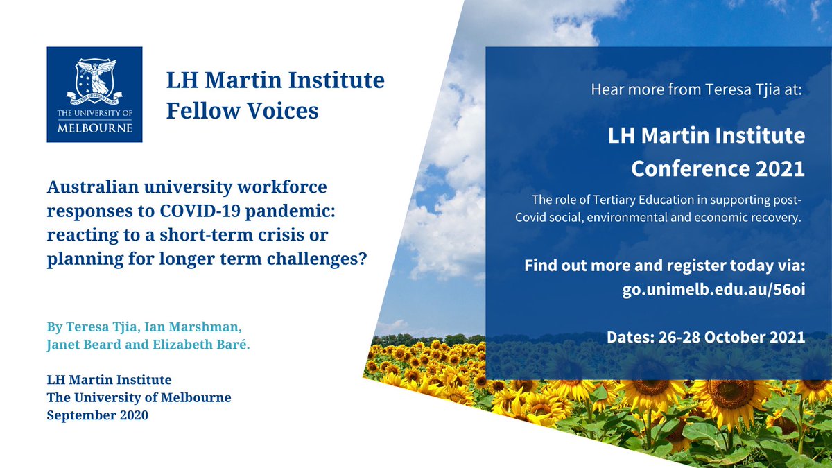 lhmartininst's tweet photo. Teresa Tjia &amp; her colleagues' analysis into Australian public universities' COVID-19 workforce response shows crucial insights into actions that #universities are taking, notably within their permanent workforce. Read further at: https://t.co/uHJVNMTeDo
#LHMIConf #highereducation https://t.co/If0x9ESnyh