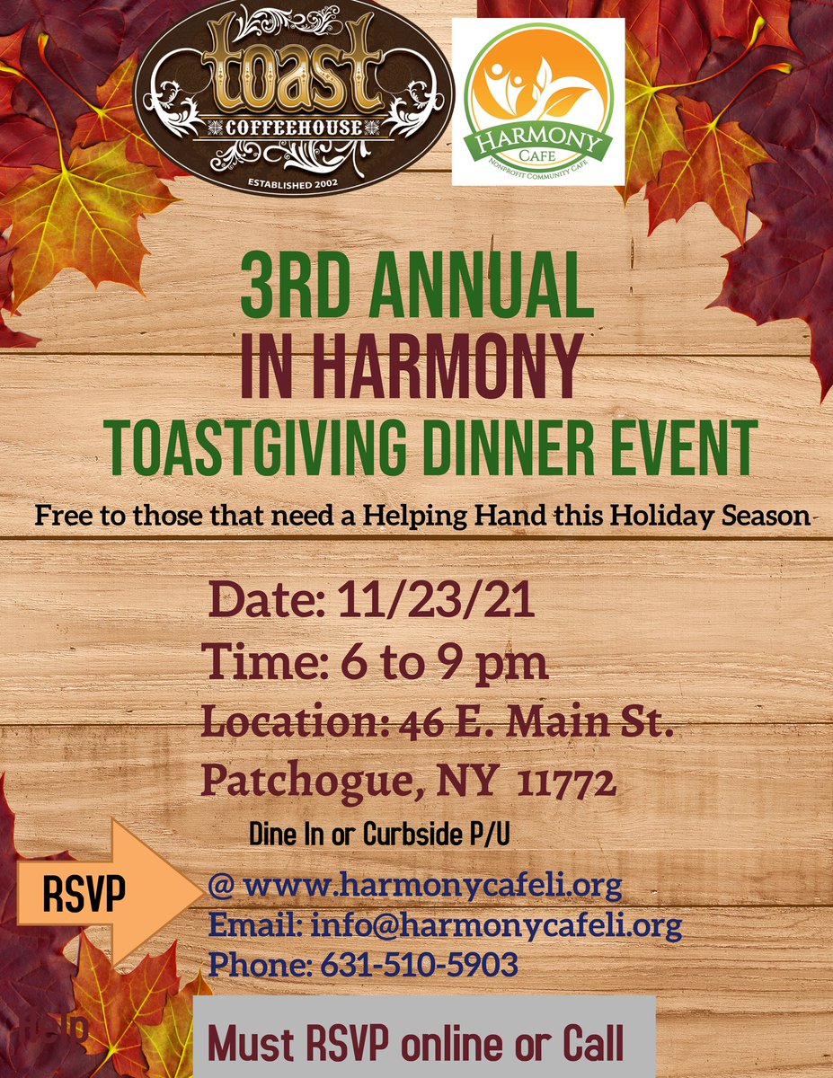 harmonycafe8's tweet photo. Free #Thanksgiving #dinner for those that need a helping hand this holiday season. #patchogue #bethechange #payitforward #helpinghand #longisland #newyork #healthyfoods #inharmonytoastgiving https://t.co/ya9xFW9ZLv