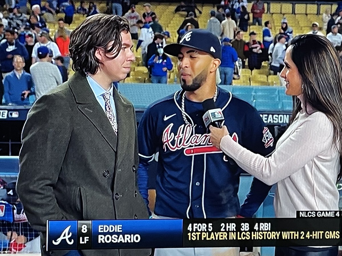 WillBrinson's tweet photo. Eddie Rosario’s translator is Cousin Greg from Succession https://t.co/FB782lETMW