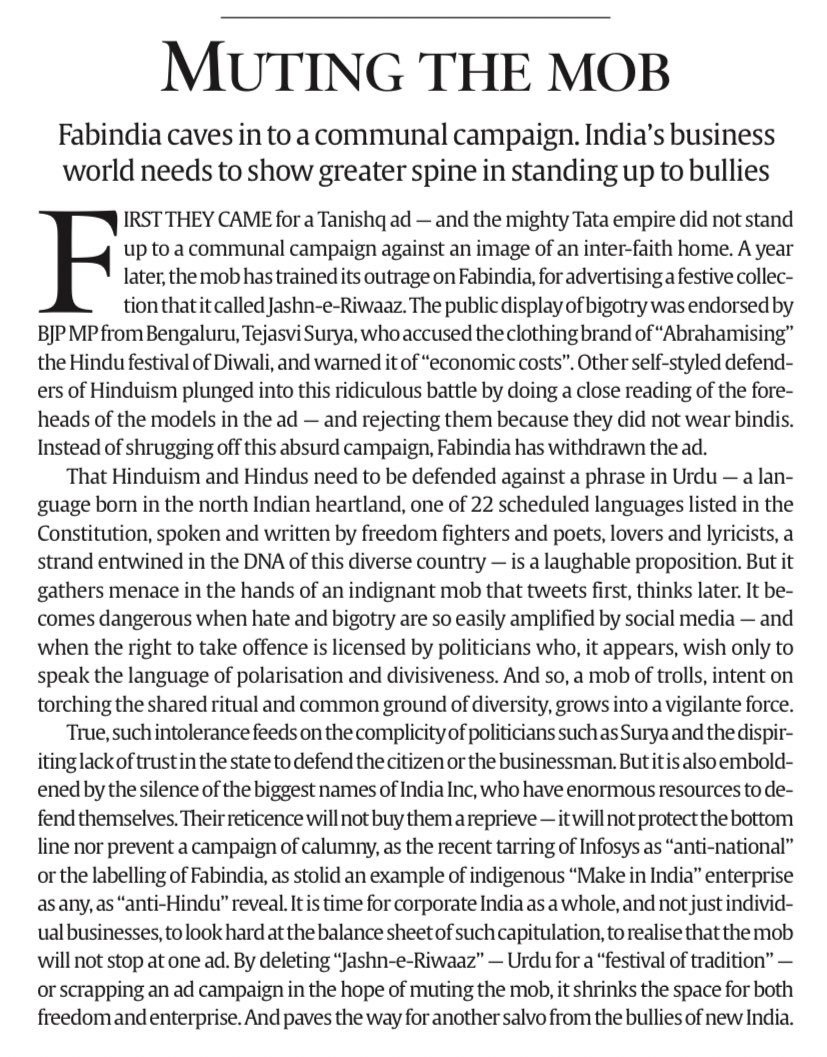 Our edit on FabIndia withdrawing the Jashn-e-Riwaaz collection: When hate and bigotry are amplified by social media and licenced by politicians such as Tejasvi Surya, India’s business world needs to show greater spine in standing up to bullies