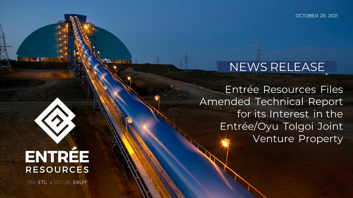 EntreeResource's tweet photo. Entree Resources files amended Technical Report that increases NPV(8%), after-tax, by 15% to US$131 million. Read about it here: https://t.co/dZjL6qab8k  $ETG.V #ERLFF #oyutolgoi https://t.co/RjQS4RaR8X