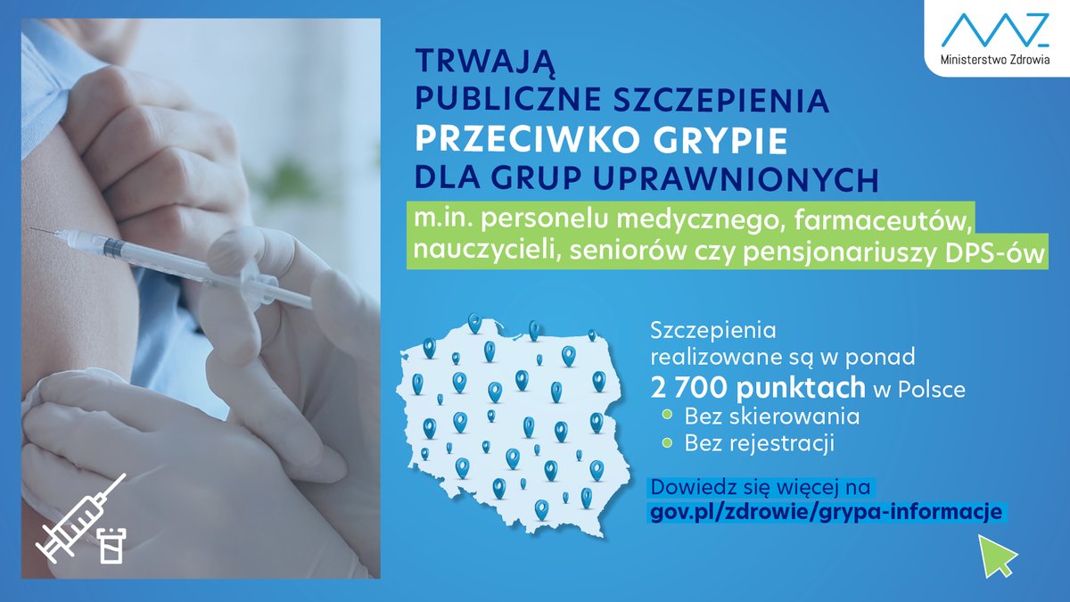 MZ_GOV_PL's tweet photo. 💉 Trwają publiczne szczepienia przeciwko grypie dla grup uprawnionych.👨‍🏫🧑‍⚕️

✔️ Bez skierowania
✔️ Bez rejestracji

Nie czekaj, zapisz się❗ 

Szczegóły na ➡️ https://t.co/e1ab9kpEba

📍 Sprawdź, gdzie wykonywane są bezpłatne szczepienia ➡️ https://t.co/VwNpAfcGkk https://t.co/aRRAGvwt4t