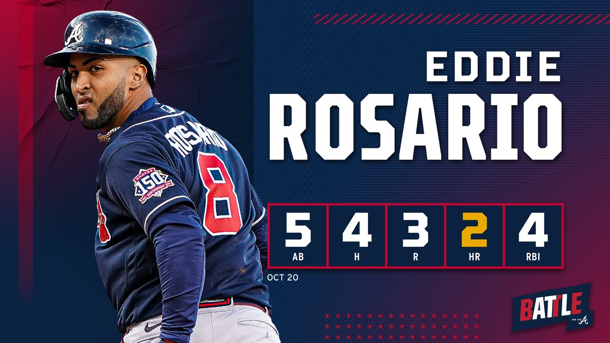 Eddie Rosario hitting line: 5 at-bats, 4 hits, 3 runs scored, 2 home runs, 4 RBI.