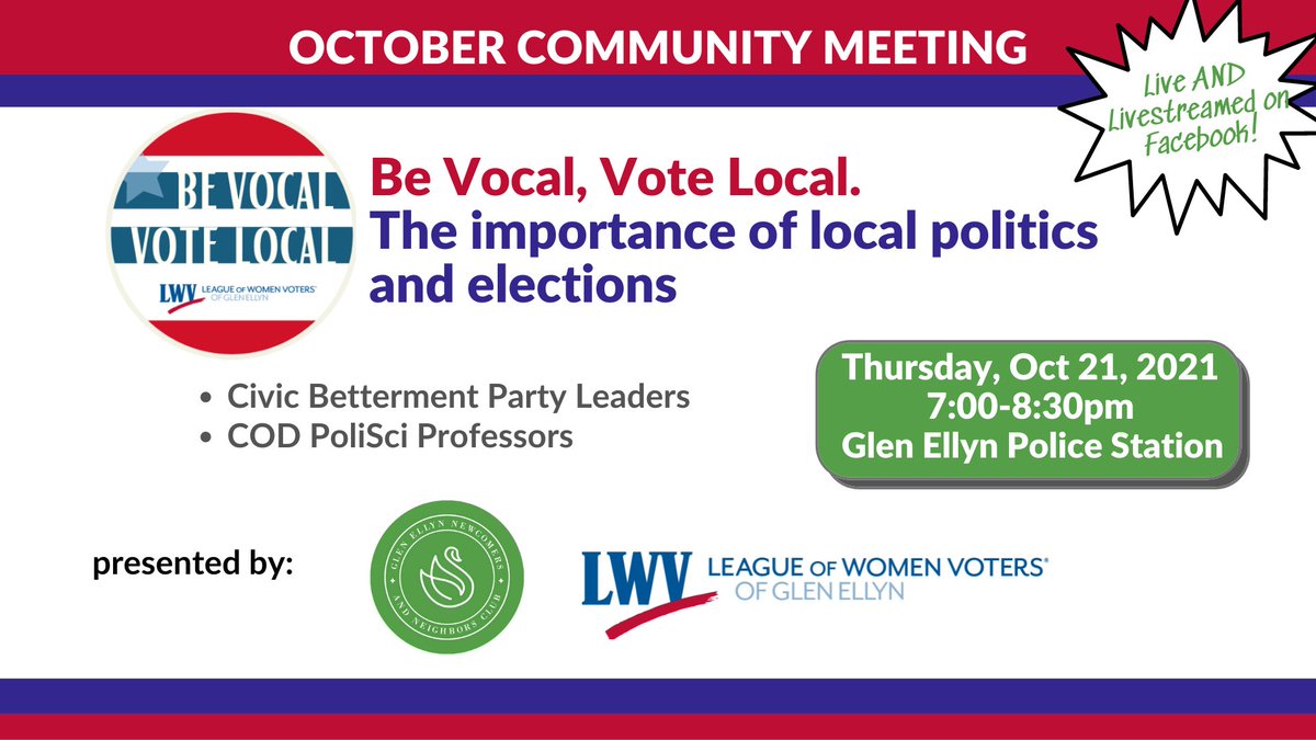 LWVGE's tweet photo. TOMORROW NIGHT!  Be sure to attend the Oct Community Meeting, where we will discuss the ins and out of politics, Glen Ellyn style. Speakers from the GE Civic Betterment Party and College of DuPage PoliSci profs. Not to miss! Info at: https://t.co/1Rnhh4Ii15 https://t.co/9s7NAnOU1c