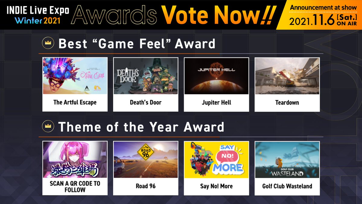 INDIELiveExpoEN's tweet photo. The voting page for #INDIELiveExpo Awards has opened!
Please vote for indie games that left the greatest impression on you!
We will give the award to the greatest indie games chosen by you and the judges!

Details here
https://t.co/Ge2gKZimSP

#indiegames #indiedev https://t.co/RMjAcskX4w