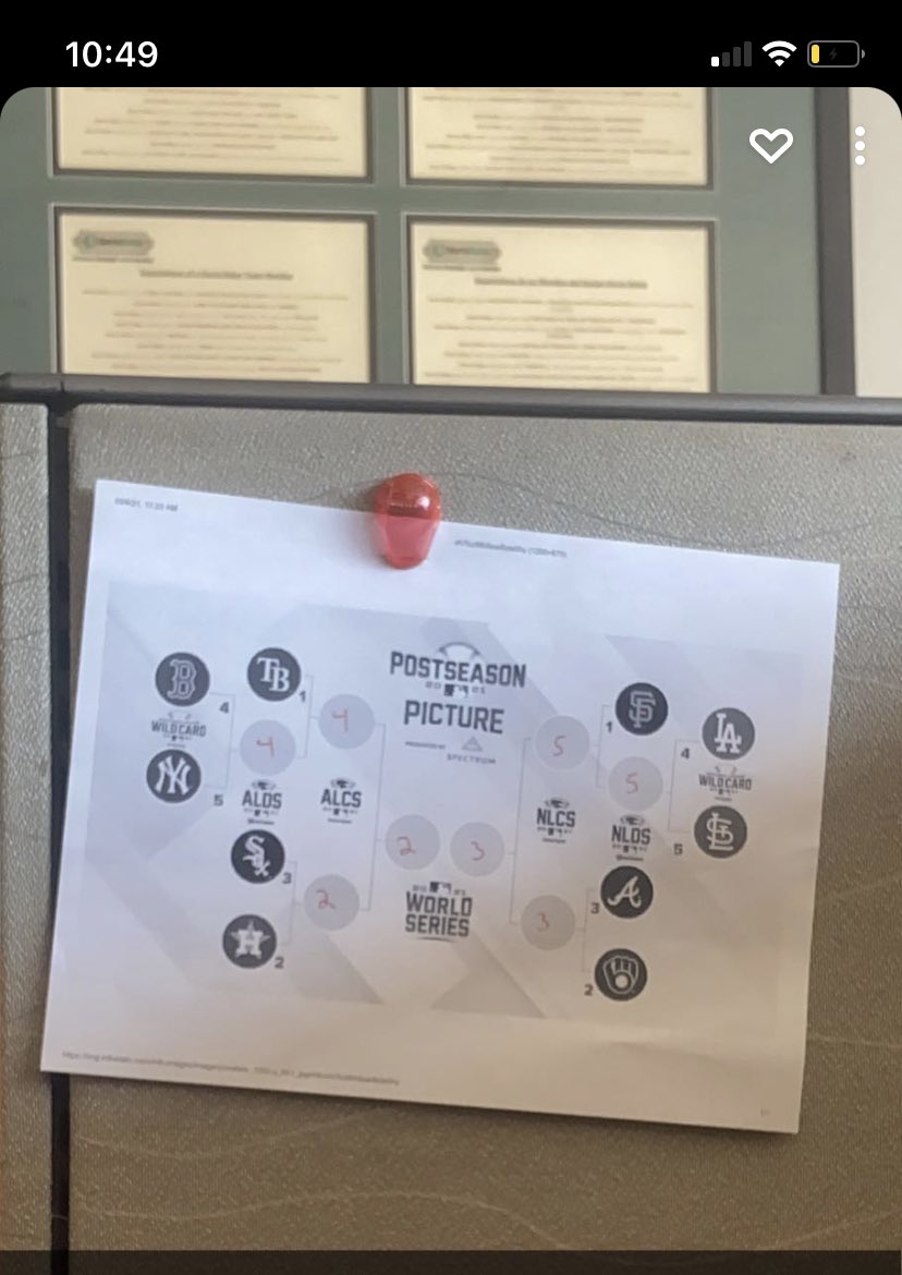 DreaToasty's tweet photo. Awhile back my job made me fill out a bracket for the MLB playoffs. I mainly guessed but surprisingly I’m not doing too bad. https://t.co/gRwohFjwZX