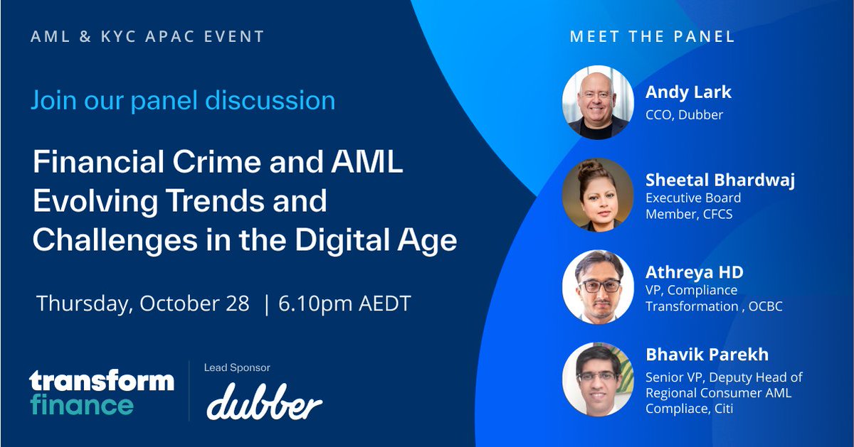 dubberapp's tweet photo. Join us at the AML and KYC APAC event on Oct 28th. Dubber COO, Andy Lark will be joining other financial crime experts to discover financial crime and AML evolving trends and challenges in the digital age at 6.10PM AEDT, Thursday 28 October. Register now https://t.co/Htk5vg5nWd https://t.co/wcbbdFdVc5