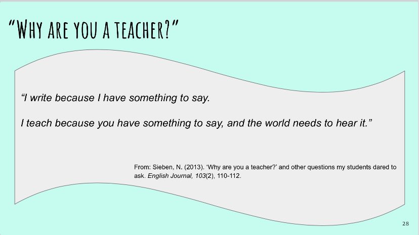 Teach4JusticeNS's tweet photo. Why I Write: “…because I have something to say. I teach because you have something to say and the world needs to hear it.” (Sieben, 2013) Still true, always will be. Happy National Day on Writing #whyiwrite https://t.co/75fHXqiRmH
