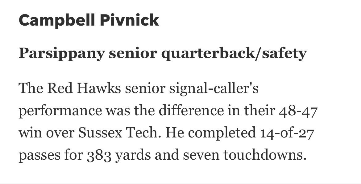 parhighredhawks's tweet photo. Hey @dailyrecordspts @andrew_tred nice to recognize our QB @campbellpivnick but the correct statli e should read 16-of-22 for 391 with 7 tds and NO ints. And while we’re at it how about Nick DePietro hauling in 5 of those passes for 187 yrds and 4 of the TDs https://t.co/q4gAQPSKfz