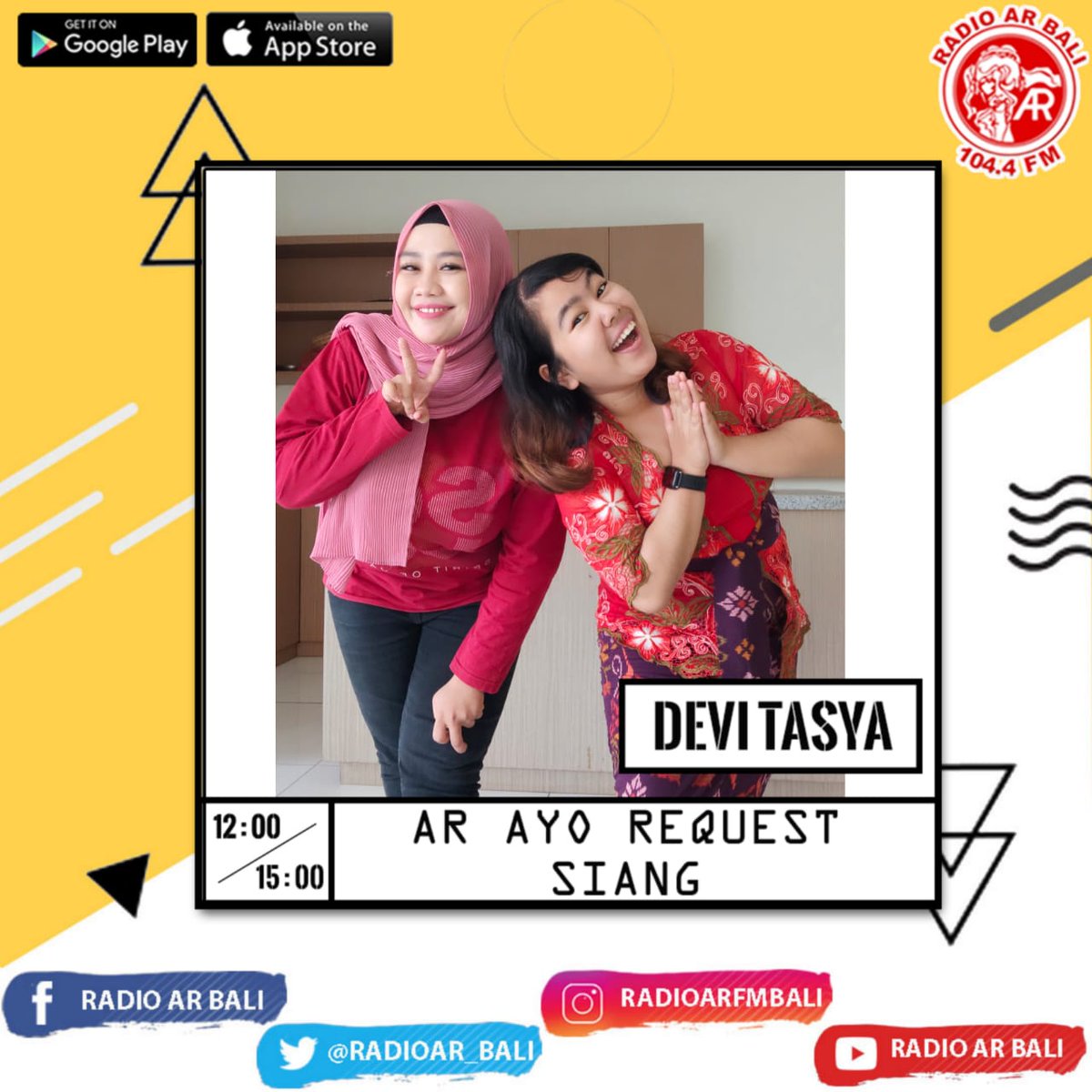 RadioAR_Bali's tweet photo. AR Ayo Request sampai jam 3 sore bareng Duo Chabiee "Devi & Tasya"
#DuoChabiee #DeviTasya
#ARAyoRequest
#Oktober #PemudaBersatu
#IndonesiaMaju https://t.co/jPrCKrN38a