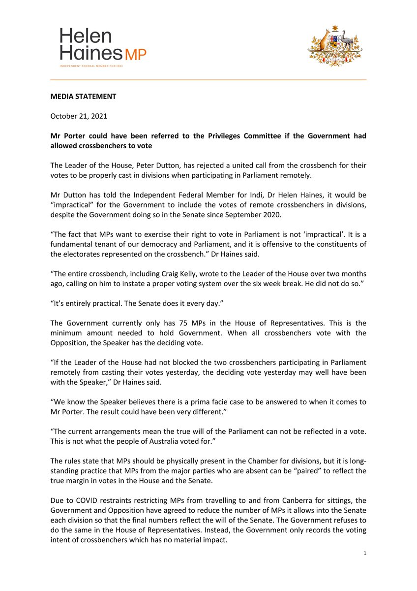 georgiedent's tweet photo. Leader of the House, Peter Dutton, told @helenhainesindi it would be “impractical” for the Government to include the votes of remote crossbenchers in divisions. 
Impractical for elected members to cast votes - as they're elected to do? 🤔 #auspol https://t.co/fvW6BDgD43
