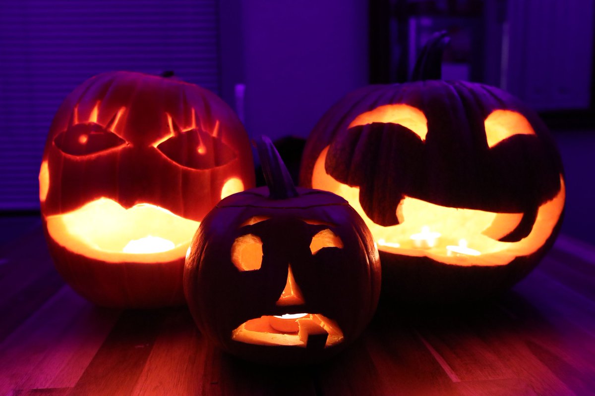 captaindadly's tweet photo. We're ready for Halloween! Guess which pumpkin belongs to who! @hazelnut_human, @its_en_not_on, or me? 🤔🎃😏 https://t.co/MksjVSXyB7
