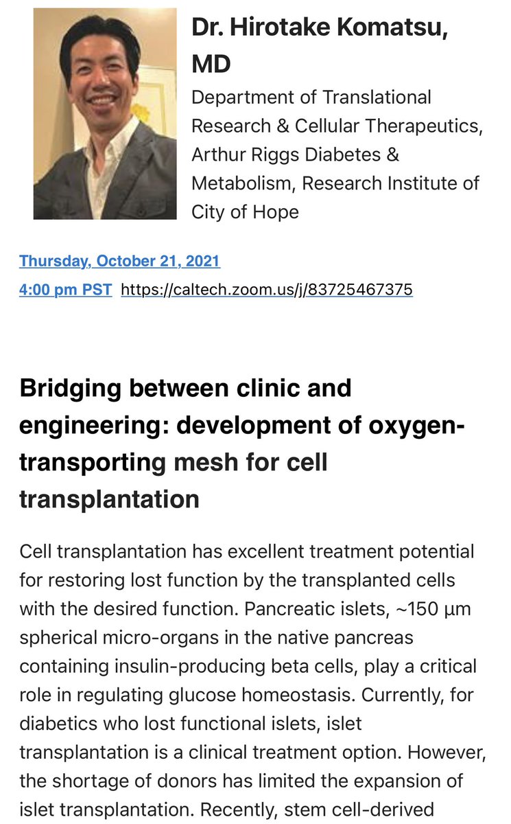 KMShang's tweet photo. My collaborator (and very good friend), Dr. Hirotake Komatsu, is going to talk about our recent work on oxygen-transporting device for islet transplantation in treating type 1 diabetes (T1D) at 4PM PST tomorrow (10/21) virtually at Caltech. Folks are welcome to join! https://t.co/lurRWXjscF