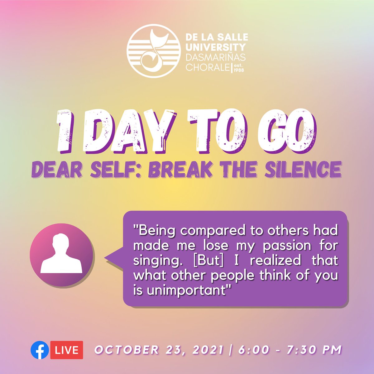 dlsud_chorale's tweet photo. 1 day to go before we Break The Silence 🗣💻✨ 

"Your voice matters."

#DearSelf2
#BREAKTHESILENCE
#DLSUDChorale https://t.co/lvG7kdfLT8