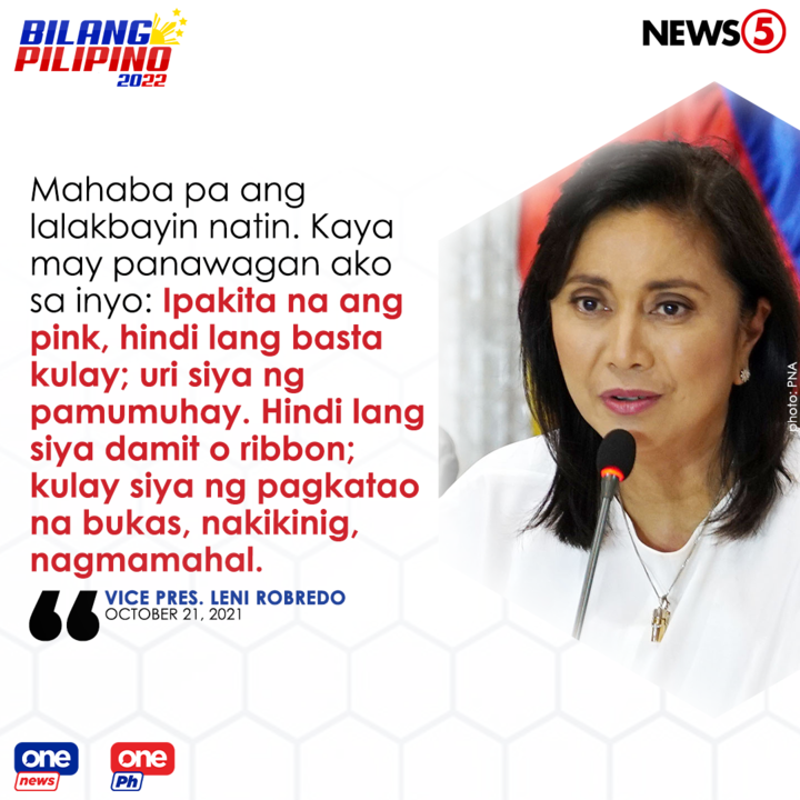 News5PH's tweet photo. “KAILANGAN NATING ISALAMIN ANG TUNAY NA IBIG SABIHIN NG PINK HABANG SUOT NATIN ITO.”

Ito ang mensahe ni presidential aspirant at Vice Pres. Leni Robredo kaugnay sa paggamit niya ng kulay pink sa kanyang kandidatura sa 2022 elections. #BilangPilipino2022 https://t.co/nMoqiZ5vkZ
