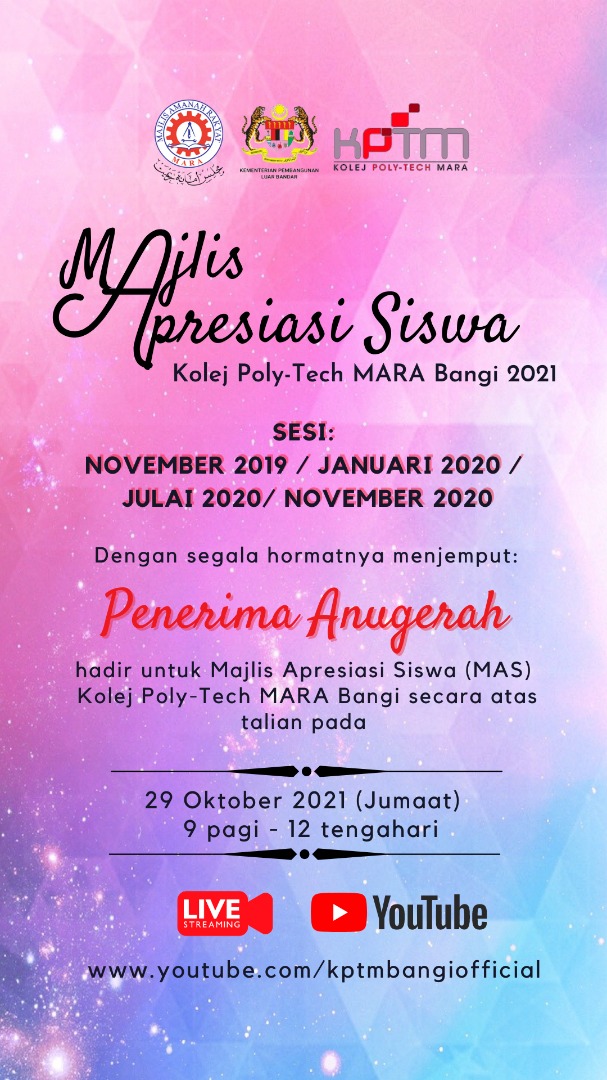 kptmbangi's tweet photo. MAJLIS APRESIASI SISWA (MAS) SECARA MAYA KOLEJ POLY-TECH MARA BANGI BAGI PROGRAM KPTM SESI NOVEMBER 2019, JANUARI 2020, JULAI 2020, DAN NOVEMBER 2020.

Dengan segala hormatnya perkara di atas adalah dirujuk. https://t.co/XMrAGQ7wyO