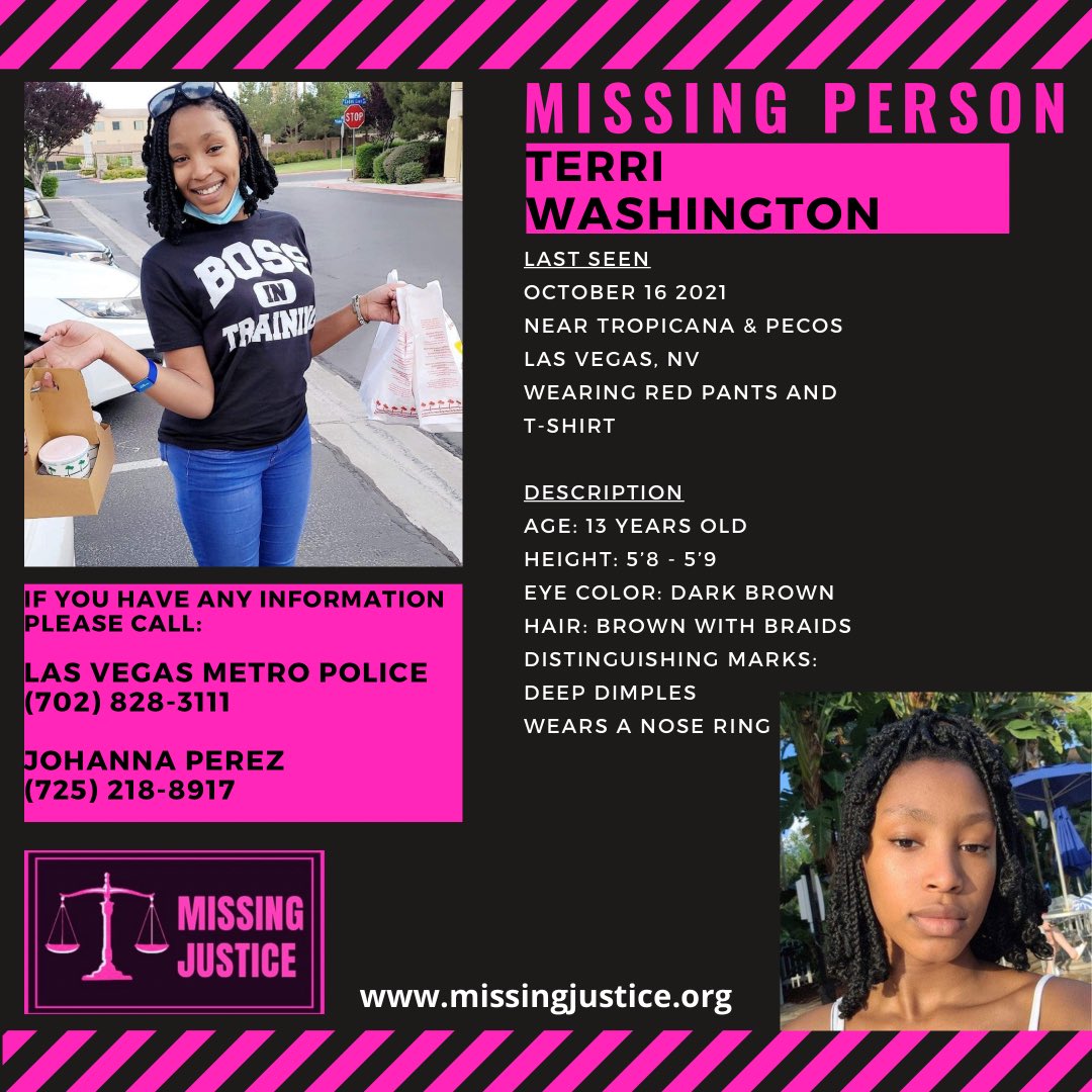 ‼️MISSING CHILD ALERT‼️
Please help us find 13 year old Terri Washington 
Last seen on October 16, 2021
on Tropicana and Pecos
in Las Vegas, NV 
#missingjusticelv #missingchild #missingchildalert #LasVegas