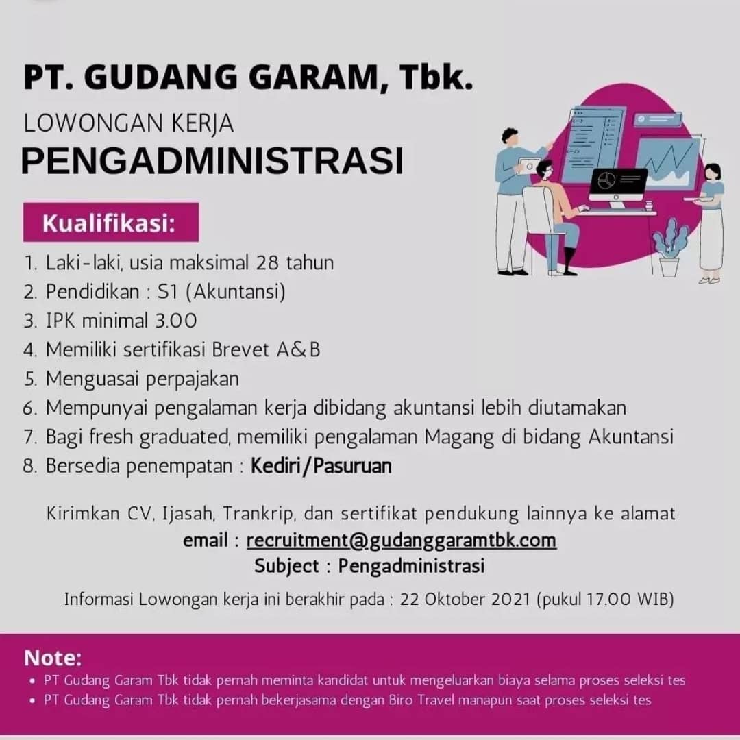 LOWONGAN KERJA
PT Gudang Garam Tbk

Silahkan cek kualifikasinya dan lamar sekarang!