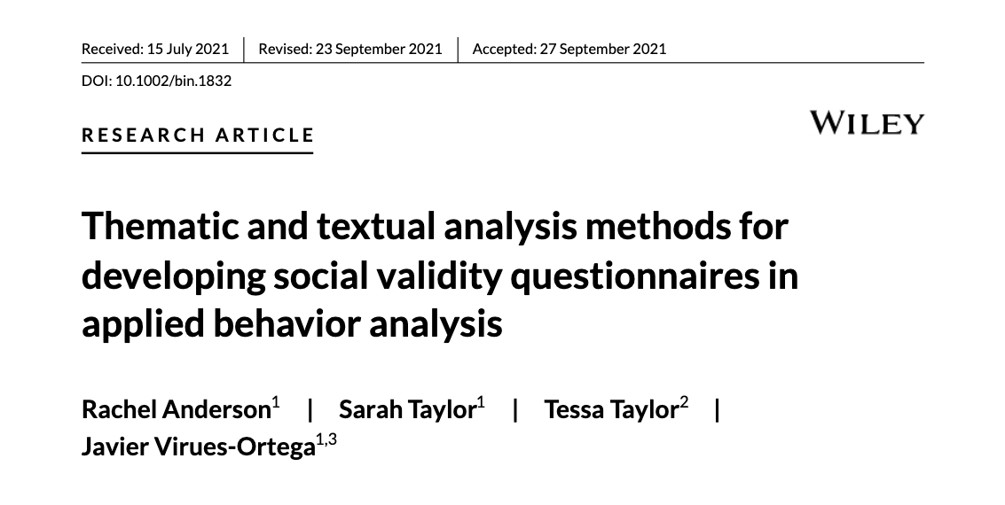 javier_virues's tweet photo. In this new open access study just published at #BehavioralInterventions we provide a new solution to creating unbiased social validity instruments in ABA at both the individual and group levels #ABA #SocialValidity https://t.co/COnowPUc03 https://t.co/83lpajUzYS