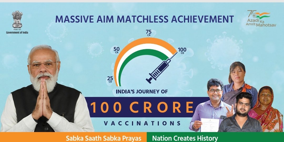 mnreindia's tweet photo. India creates history 
Achieves 100 Crore vaccination mark
#VaccineCentury 
@PIB_India @DDNewslive @MIB_India @MoHFW_INDIA @mygovindia https://t.co/rrvGyVgJ5C