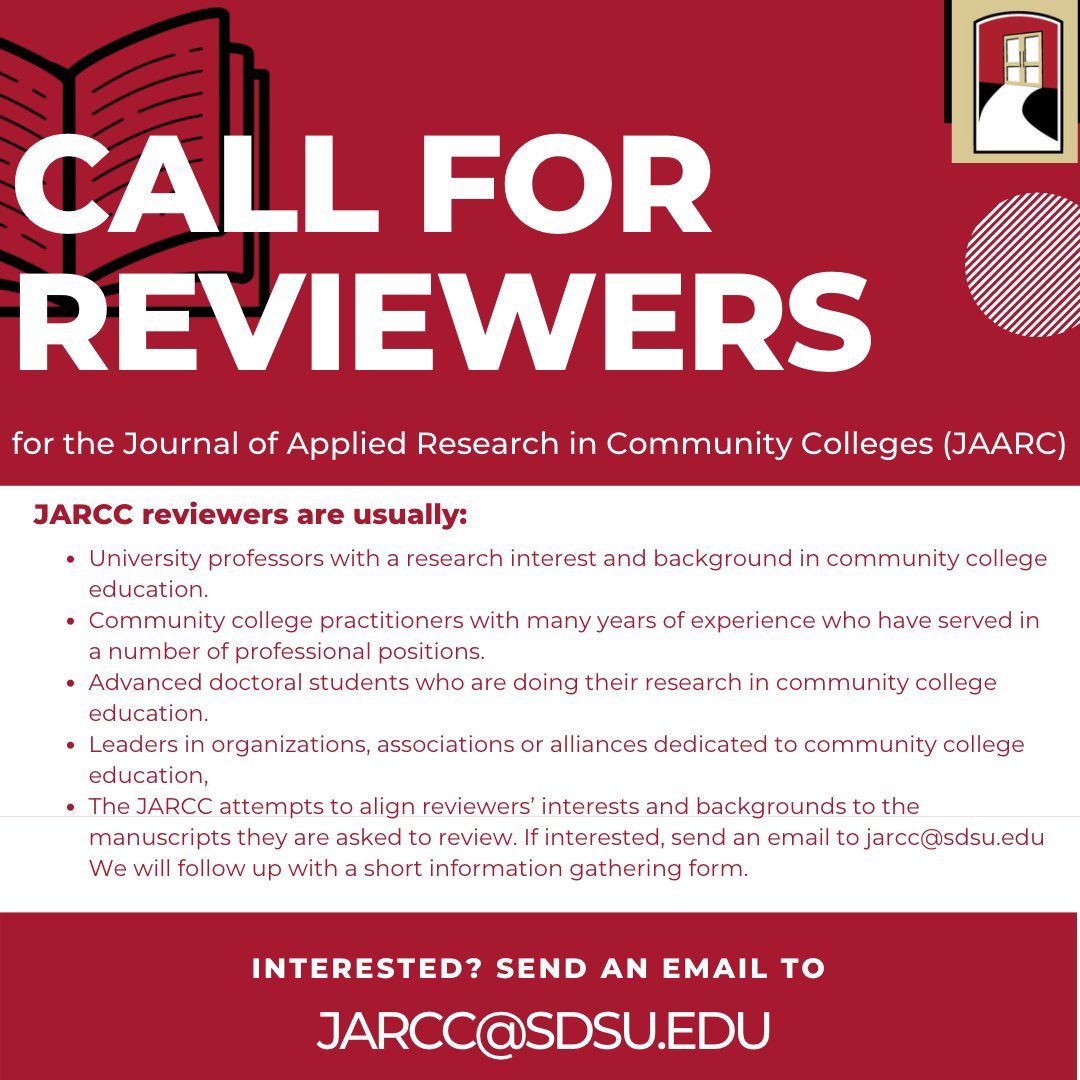 Hello, community! 👋🏽

The JARCC is seeking additional reviewers. Please review the image for more information.

<a href="/CSCCResearch/">The Council for the Study of Community Colleges</a> <a href="/SDSU_CCLead/">SDSU CommCollege EdD</a>