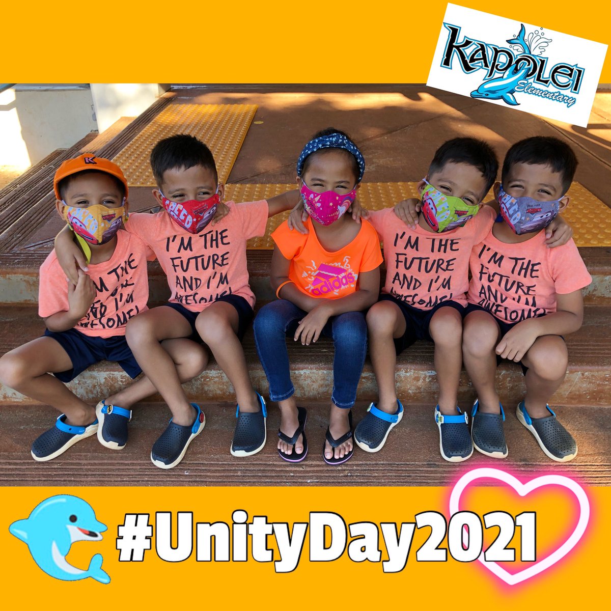KapoleiElem's tweet photo. No matter how alike or different we are 👦🏼👦🏻👧🏻🧑🏽🧒🏻, wearing orange today reminds us to unite for communities of kindness, acceptance, inclusion &amp; aloha for all! 🧡#UnityDay2021 #HI4PublicEd #ChooseAloha #LiveAloha #WeWearOrange #quintuplets #BullyingPreventionMonth https://t.co/tIbObsQTrl