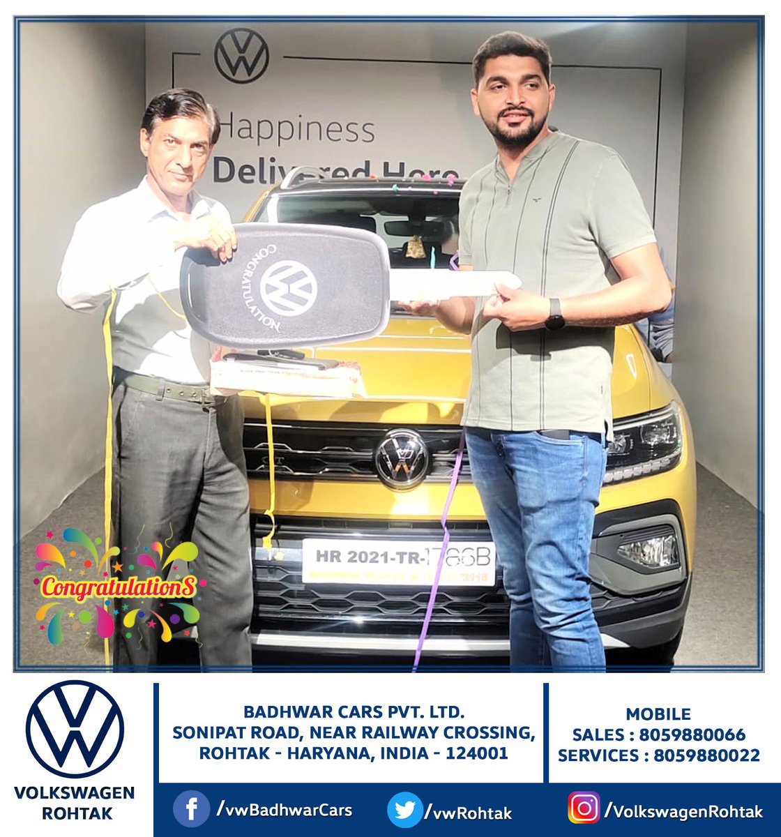 vwrohtak's tweet photo. #Congratulation 🎉 Mr. Ajay Ji for Being a Part of Badhwar Cars Volkswagen Rohtak Family.
For Test Drive &amp; More Info Call Us : +91-8059880066
***We Express Our Heartfelt Gratitude And Happiness***
Thanks &amp; Regards
#volkswagen #VolkswagenRohtak #VolkswagenTaigun #Taigun #taigungt https://t.co/o0aZRCIXtp